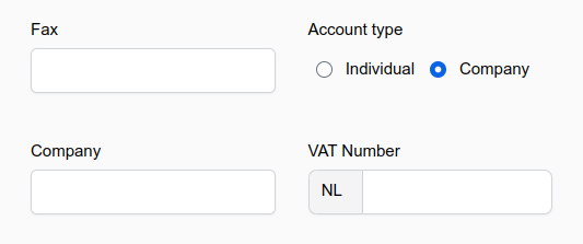 When the option &quot;Company&quot; is selected, the company and VAT ID field are shown