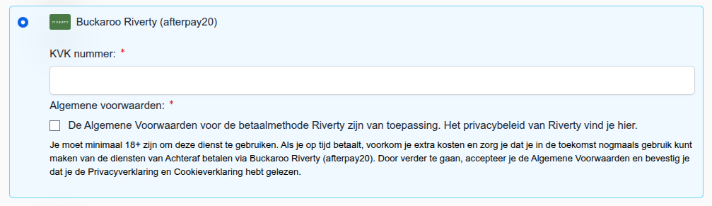 Riverty payment method with a CoC input
