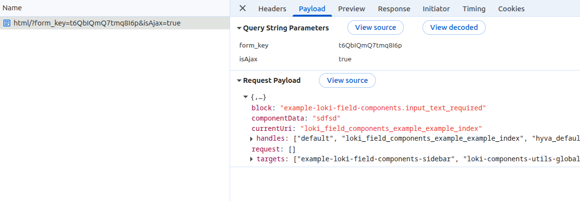 The payload of an AJAX request reveals the componentData to change and the targets to update
