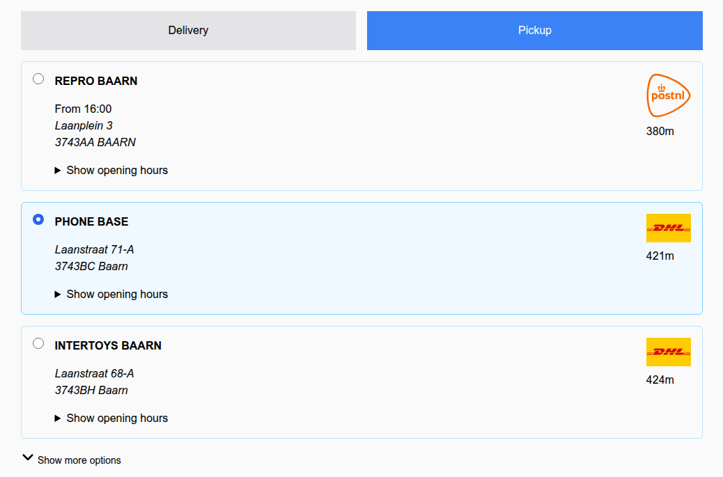 MyParcel pickup location opions