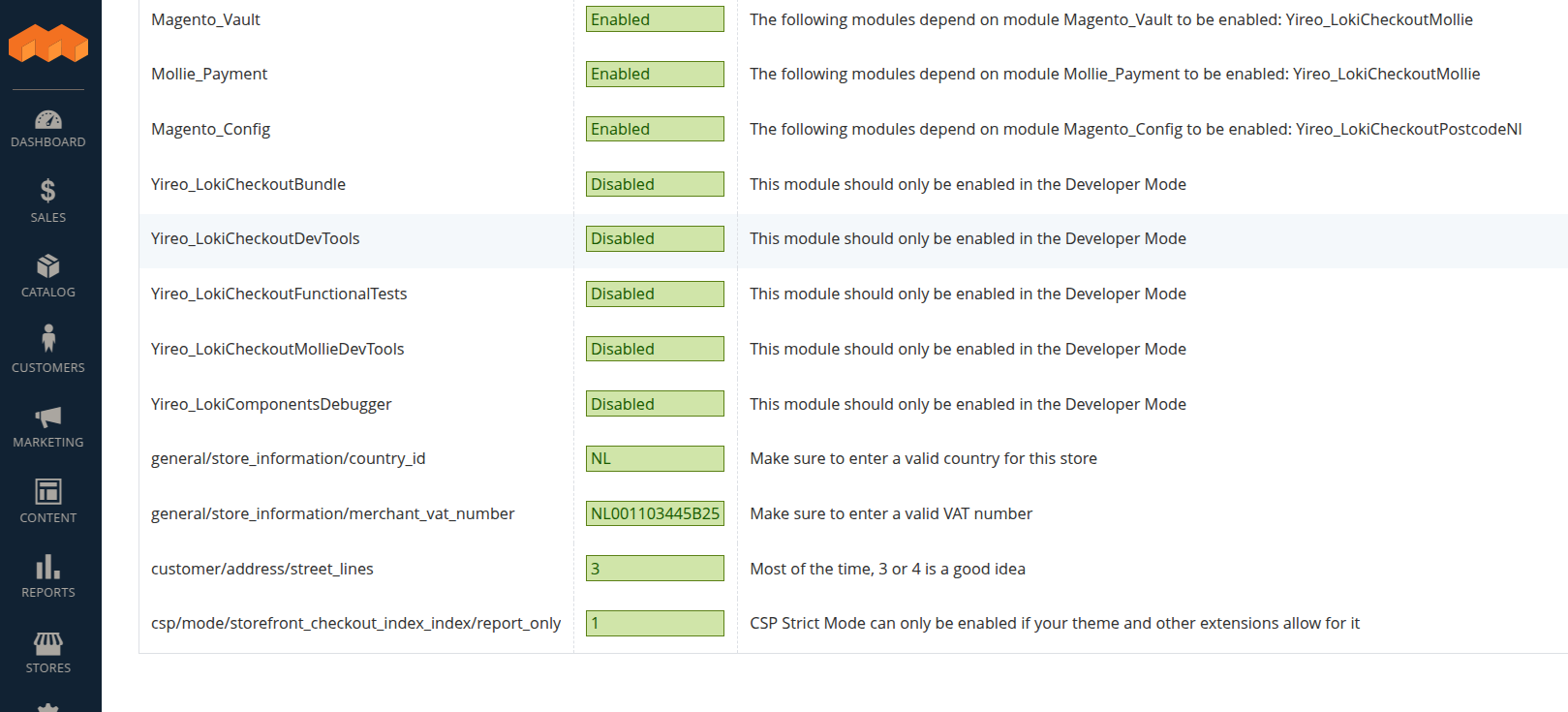 An example System Check page with all greens