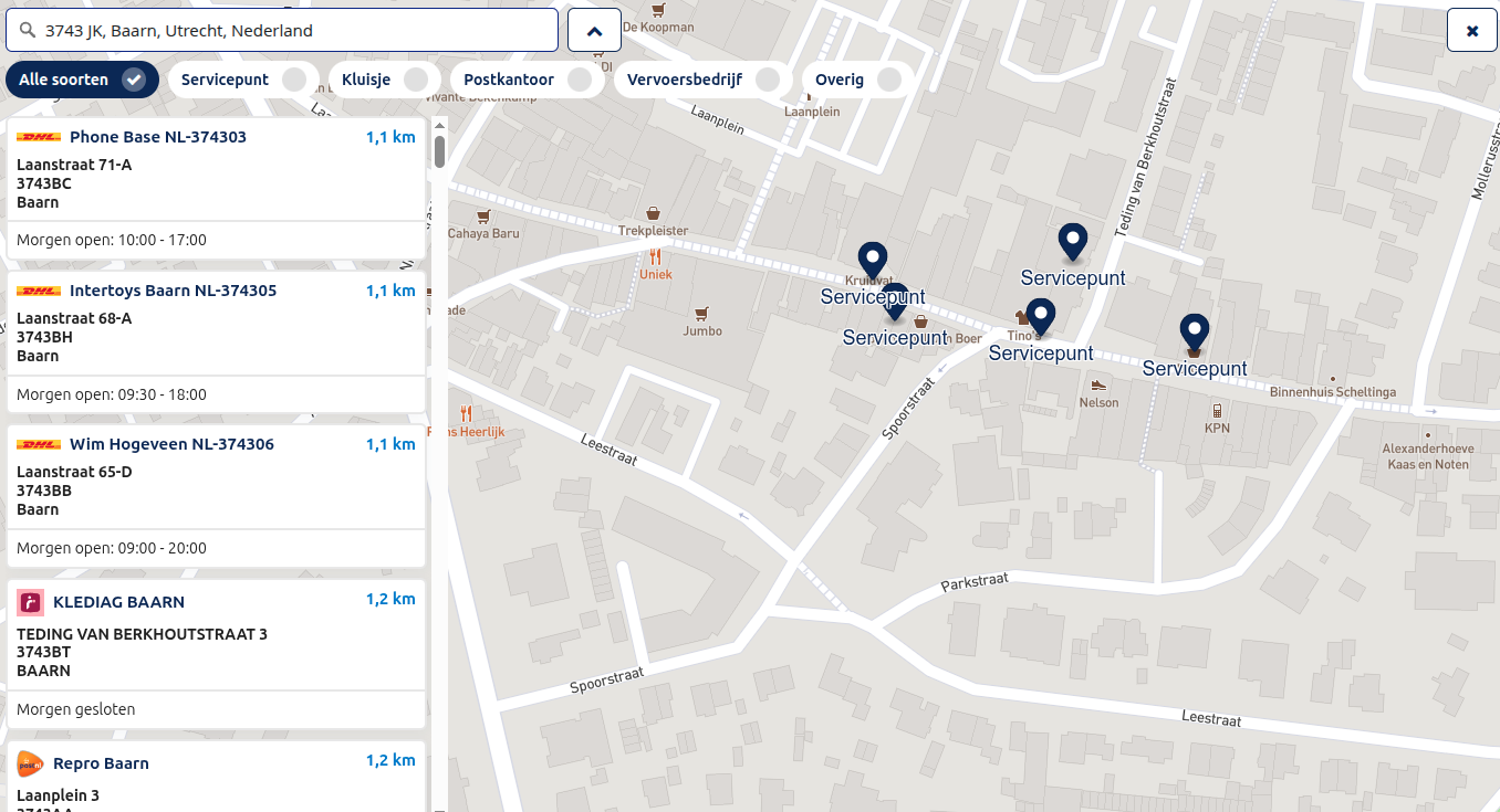 Service points are rendered via a popup map, hosted by Sendcloud